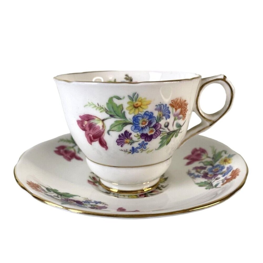 Vintage Royal Stafford Bone China Teacup & Saucer, England, Multi Color Floral